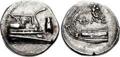 LYCIA, Phaselis. 4th century BC. AR Stater (23mm, 10.32 g, 10h). Prow of galley right, fighting platform decorated with facing gorgoneion; to right, cicada upward / Stern of galley left; above, Nike f