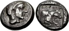 DYNASTS of LYCIA. Kherei. Circa 410-390 BC. AR Stater (19mm, 8.33 g, 6h). Uncertain mint. Helmeted head of Athena right / Forepart of bull right within incuse square. Cf. Mørkholm & Zahle II 33 (quart