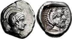 DYNASTS of LYCIA. Uncertain. Circa 400 BC. AR Stater (19.5mm, 8.45 g, 6h). Telmessos mint. Helmeted head of Athena right / Head of Herakles right within incuse square. Falghera –; SNG Copenhagen Supp.