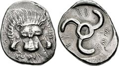DYNASTS of LYCIA. Trbbenimi. Circa 390-375 BC. AR Stater (21.5mm, 9.88 g). Zemura (Limyra) mint. Facing lion scalp; small triskeles and horizontal Z (in Lycian) below / Triskeles with small T in cente