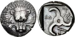 DYNASTS of LYCIA. Trbbenimi. Circa 390-375 BC. AR Stater (22mm, 9.77 g). Zemura (Limyra) mint. Facing lion scalp / Triskeles; small triskeles and club in fields, TRB (in Lycian) around; all within inc