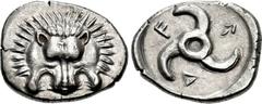 DYNASTS of LYCIA. Trbbenimi. Circa 390-375 BC. AR Stater (25mm, 9.81 g). Wedrei mint. Facing lion scalp; T on forehead / Triskeles; WED (in Lycian) around; all within incuse circle. Falghera 208; SNG 