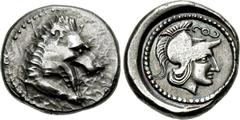 DYNASTS of LYCIA. Arttumpara. Circa 390-370 BC. AR Stater (21mm, 8.40 g, 4h). Xanthos mint(?). Forepart of lion right / Helmeted head of Athena right; diskeles above; all in dotted circle within incus
