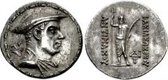 BAKTRIA, Greco-Baktrian Kingdom. Antimachos I Theos. Circa 180-170 BC. AR Tetradrachm (35mm, 15.79 g, 12h). Diademed and draped bust right, wearing kausia; bead-and-reel border / Poseidon, laureate, s