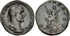 Gordian I. AD 238. Æ Sestertius (27.5mm, 18.45 g, 12h). Rome mint. Struck 1-22 April. Laureate, draped, and cuirassed bust right / Securitas seated left, holding scepter. RIC IV 11; BMCRE 12-3; Banti 