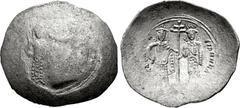 Alexius I Comnenus, with Irene and John II. 1081-1118. BI Aspon Trachy (28mm, 3.24 g, 6h). Constantinople mint. Struck 1092-1093. John II, holding labarum and globus cruciger, standing facing, being c