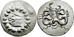 MYSIA, Pergamon. Circa 133-67 BC. AR Cistophoric Tetradrachm (26mm, 12.64 gm). Struck circa 95-92 BC. Cista mystica with serpent; all within ivy wreath / Bow-case with serpents; A M above, serpent-ent