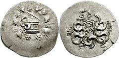 MYSIA, Pergamon. Circa 133-67 BC. AR Cistophoric Tetradrachm (29mm, 12.45 gm). Struck circa 123-104 BC. Cista mystica with serpent; all within ivy wreath / Bow-case with serpents; A/Σ above, serpent-e