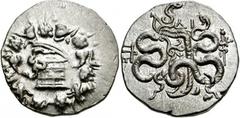 MYSIA, Pergamon. Circa 133-67 BC. AR Cistophoric Tetradrachm (26mm, 12.66 gm). Struck circa 104-98 BC. Cista mystica with serpent; all within ivy wreath / Bow-case with serpents; Δ I above, serpent-en