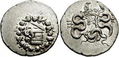 MYSIA, Pergamon. Circa 133-67 BC. AR Cistophoric Tetradrachm (26mm, 12.58 gm). Struck circa 104-98 BC. Cista mystica with serpent; all within ivy wreath / Bow-case with serpents; M H above, serpent-en