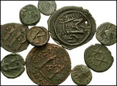 BYZANTINE. Lot of ten Æ. Lot includes the following: Justinian I. Æ Half Follis. SB 331 // Tiberius II Constantine. Æ Half Follis. SB 467 // Same. Æ Dekanummium. SB 472 // Maurice Tiberius. Æ Dekanumm