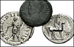 ROMAN IMPERIAL. 1st-4rd Century. Lot of three AR and Æ. Lot includes the following: DOMITIAN, as Caesar. AR Denarius. Struck 76 AD. Pegasus advancing right. RSC 47// HERENNIUS ETRUSCUS, as Caesar. AR