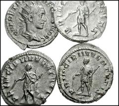 ROMAN IMPERIAL. HERENNIUS ETRUSCUS, as Caesar. Lot of four AR Antoniniani. Radiate, draped, and cuirassed bust right, seen from behind / Herennius standing left, holding baton and spear. RIC IV 147c; 