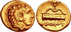 KINGS of MACEDON. temp. Philip II – Alexander III. Circa 340/36-328 BC. AV Quarter Stater (11mm, 2.13 g, 11h). In the name of Philip II. Pella mint. Head of Herakles right, wearing lion skin / Bow and