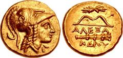 KINGS of MACEDON. temp. Alexander III – Philip III. Circa 325-319 BC. AV Quarter Stater (11.5mm, 2.115 g, 6h). In the name of Alexander III. Amphipolis mint. Struck under Antipater. Helmeted head of A