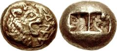 KINGS of LYDIA. temp. Ardys – Alyattes. Circa 630s-564/53 BC. EL Trite – Third Stater (12.4mm, 4.71 g). Sardes mint. Head of roaring lion right; WALWE[L] (in Lydian) to right / Two incuse squares. Wei
