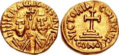 Revolt of the Heraclii. 608-610. AV Solidus (16mm, 4.48 g, 6h). Carthage mint. Dated IY 13 (609/10). D N HЄRACΛI CONSVΛI IΓ, bareheaded busts of Heraclius the younger, beardless, and the exarch Heracl