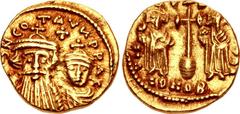 Constans II, with Constantine IV, Heraclius, and Tiberius. 641-668. AV Solidus (16mm, 4.35 g, 6h). Carthage mint. Struck 659-668. Crowned and draped busts of Constans, holding [globus cruciger], and C