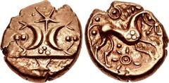 CELTIC, Iceni. Uninscribed. Circa 65-1 BC. AV Stater (16mm, 5.38 g, 1h). Freckenham Crescents (Icenian B) type. Two symmetrical crescents on horizontal line with pellets and "fins"; stars and pellets 