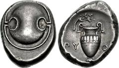 BOEOTIA, Thebes. Circa 379-368 BC. AR Stater (19mm, 12.28 g). Pythi-, magistrate. Boeotian shield / Amphora; vine foliage above, ΠY-Θ[I] across field; all within incuse concave circle. Hepworth 82; BC