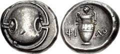 BOEOTIA, Thebes. Circa 363-338 BC. AR Stater (22mm, 12.21 g). Philo-, magistrate. Boeotian shield / Amphora; grape bunch on vine above, ΦI-ΛO across field; all within incuse concave circle. Hepworth 9