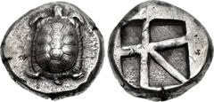 ISLANDS off ATTICA, Aegina. Circa 456/45-431 BC. AR Stater (20mm, 12.19 g, 12h). Land tortoise with segmented shell / Large square incuse with skew pattern. Meadows, Aegina , Group IIIb; Milbank pl. I