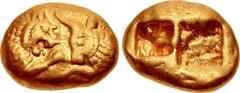 KINGS of LYDIA. Kroisos. Circa 564/53-550/39 BC. AV Stater (17.4mm, 10.70 g). Heavy series. Sardes mint. Prototype issue. Confronted foreparts of lion, with sun on forehead, and bull / Two incuse squa