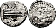 LYCIA, Phaselis. 4th century BC. AR Stater (22mm, 10.40 g, 2h). Prow of galley right, fighting platform decorated with coiled serpent right; below, dolphin right / Stern of galley left; swastika and Φ