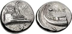 LYCIA, Phaselis. 4th century BC. AR Stater (21mm, 10.30 g, 9h). Prow of galley right, fighting platform decorated with lion at bay right; eight-pointed star to right; below, ketos right above waves / 