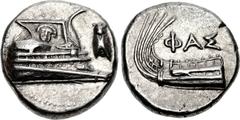 LYCIA, Phaselis. 4th century BC. AR Stater (20.5mm, 10.40 g, 7h). Prow of galley right, fighting platform decorated with facing gorgoneion; to right, cicada upward / Stern of galley left; ΦAΣ above. H