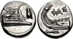 LYCIA, Phaselis. 4th century BC. AR Stater (20.5mm, 10.38 g, 12h). Prow of galley right, fighting platform decorated with facing gorgoneion; to right, cicada upward / Stern of galley left; ΦAΣ above; 