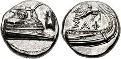LYCIA, Phaselis. 4th century BC. AR Stater (20.5mm, 10.28 g, 5h). Prow of galley right, fighting platform decorated with facing gorgoneion; to right, cicada upward / Stern of galley right; above, Nike
