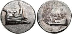 LYCIA, Phaselis. 4th century BC. AR Stater (21.5mm, 10.27 g, 7h). Prow of galley right, fighting platform decorated with dolphin right / Stern of galley left; ΦAΣHΛ above. Heipp-Tamer Series 6, unlist