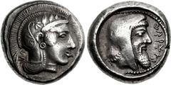 DYNASTS of LYCIA. Kherei. Circa 410-390 BC. AR Stater (18mm, 8.54 g, 12h). Pinara mint. Head of Athena right, wearing hoop earring, linear necklace, and crested Attic helmet decorated with spiral palm