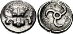 DYNASTS of LYCIA. Trbbenimi. Circa 390-375 BC. AR Stater (23.5mm, 9.63 g). Wedrei mint(?). Facing lion scalp / Triskeles; TRBBÊNEME (in Lycian) around, small V (V in Lycian) in one section; all in dot