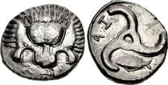 DYNASTS of LYCIA. Trbbenimi. Circa 390-375 BC. AR Stater (23mm, 9.88 g). Zagaba mint. Facing lion scalp; small triskeles and horizontal Z and B (in Lycian) below / Triskeles; fish to left, ZAG (in ret