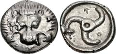 DYNASTS of LYCIA. Trbbenimi. Circa 390-375 BC. AR Stater (24mm, 9.86 g). Wedrei mint. Facing lion scalp / Triskeles; [W]ED (in Lycian) around; all within incuse circle. Falghera 208 var. (T on obv.); 