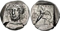 DYNASTS of LYCIA. Perikles. Circa 380-360 BC. AR Stater (24mm, 9.76 g, 12h). Struck circa 380-375 BC. Head of Perikles facing slightly left, wearing laurel wreath, drapery around neck / Warrior, nude 