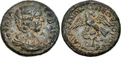 LYDIA, Sardis. Julia Domna. Augusta, AD 193-217. Æ (24mm, 6.29 g, 6h). Draped bust right / Child Zeus seated facing below eagle with wings spread. SNG von Aulock 3157 var. (Zeus seated left); SNG Münc