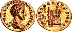 Commodus. As Caesar, AD 166-177. AV Aureus (19.5mm, 7.02 g, 6h). Rome mint. Struck under Marcus Aurelius, AD 175. COMMODO CAES AVG FIL GERM, bareheaded and draped bust right / LIBERALITAS • AVG, Commo