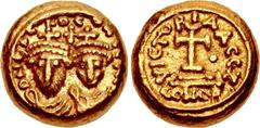 Heraclius, with Heraclius Constantine. 610-641. AV Solidus (11mm, 4.47 g, 6h). Carthage mint. Dated IY 7 (633/4). Crowned and draped facing busts of Heraclius and Heraclius Constantine; cross above, [
