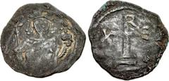 CRUSADERS, Cyprus. Richard. King of England, 1189-1199. Æ Tetarteron (17mm, 1.03 g, 10h). Crowned facing bust, holding cross-tipped scepter and globus cruciger / Cross on three steps; arms ending in R