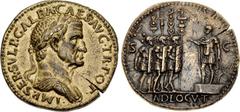 ITALY, “Paduan” imitations of ancient coins. Galba. AD 68-69. Gilt Æ “Sestertius” (35mm, 23.78 g, 6h). By Giovani da Cavino. Struck circa 1555. • IMP • SER • SVLP • GALBA • CAES • AVG • TR POT •, laur