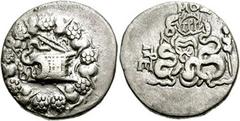 MYSIA, Pergamon. Circa 133-67 BC. AR Cistophoric Tetradrachm (26mm, 11.87 gm). Struck circa 76-67 BC. Cista mystica with serpent; all within ivy wreath / Bow-case with serpents; MOΣ and prytaneis mono