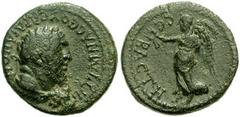 LYDIA, Sardis. Nero. 54-68 AD. Æ 15mm (2.58 gm). Ti. Mnaseas, magistrate. Bare head of Heracles right; wearing lion's skin around neck / Nike advancing left, holding wreath and palm. RPC I 3010. VF, g