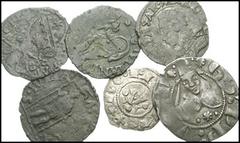 WORLD. Italian States. Lot of 6 AR and Æ. Lot includes the following: ITALY, Desana. Delfino Tizzoni. 1583-1598. Billon Quattrino (0.73 gm). Bust left / St. Julian with a falcon. Morosini III pg. 326,