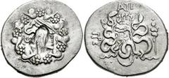 MYSIA, Pergamon. Circa 133-67 BC. AR Cistophoric Tetradrachm (26mm, 11.25 gm). Struck circa 76 BC. Cista mystica with serpent; all within ivy wreath / Bow-case with serpents; AΠ and prytaneis monogram