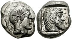 DYNASTS of LYCIA. Kherei. Circa 410-390 BC. AR Stater (20mm, 8.55 gm). Telmessos mint. Helmeted head of Athena right, wearing crested Attic helmet decorated with four olive leaves and spiral / Head of