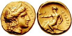 CALABRIA, Tarentum. Time of Alexander the Molossian. Circa 334-330 BC. AV Half-Stater (4.24 gm). Struck circa 334-332 BC. Estimate $3000 CALABRIA, Tarentum. Time of Alexander the Molossian. Circa 334-