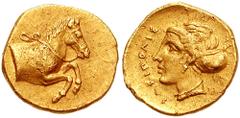 SICILY, Gela. Circa 406 BC. AV Litra (0.86 gm). Estimate $4000 SICILY, Gela. Circa 406 BC. AV Litra (0.86 gm). Forepart of bridled horse right / SWSIPOLIS, female head left, hair in ampyx. Jenkins, Ge